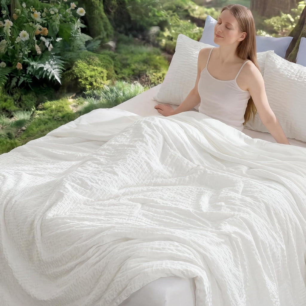 Bedsure SleepEase Cooling Comforter King Size for Summer, 3 Pieces White Seersucker Cooling Comforters for Hot Sleepers, Double-Sided Cool Tech Bedding Set with 1 Breathable Comforter, 2 Pillowcases
