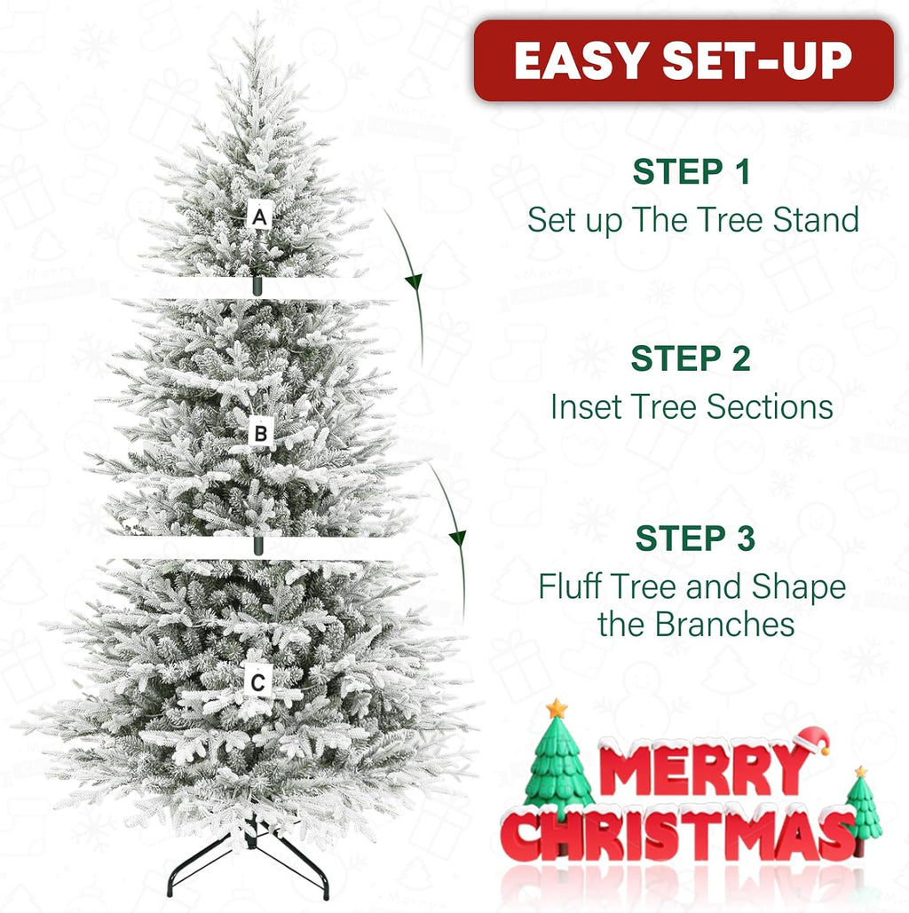 7.5 ft Lighted Artificial Flocked Christmas Tree, 450 Warm White LED Lights, 2933 PE&PVC Realistic Frosted Tips, Metal Stand and Hinged Branches Included