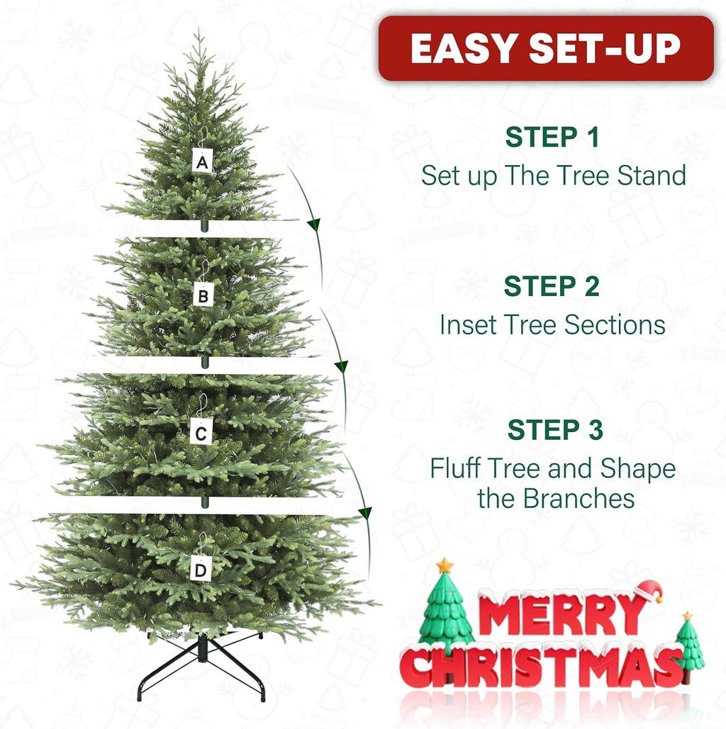 9 ft Lighted Artificial Christmas Tree, 600 Warm White LED Lights, 5149 PE&PVC Mixed Realistic Branch Tips, Metal Base and Hinged Branches Included