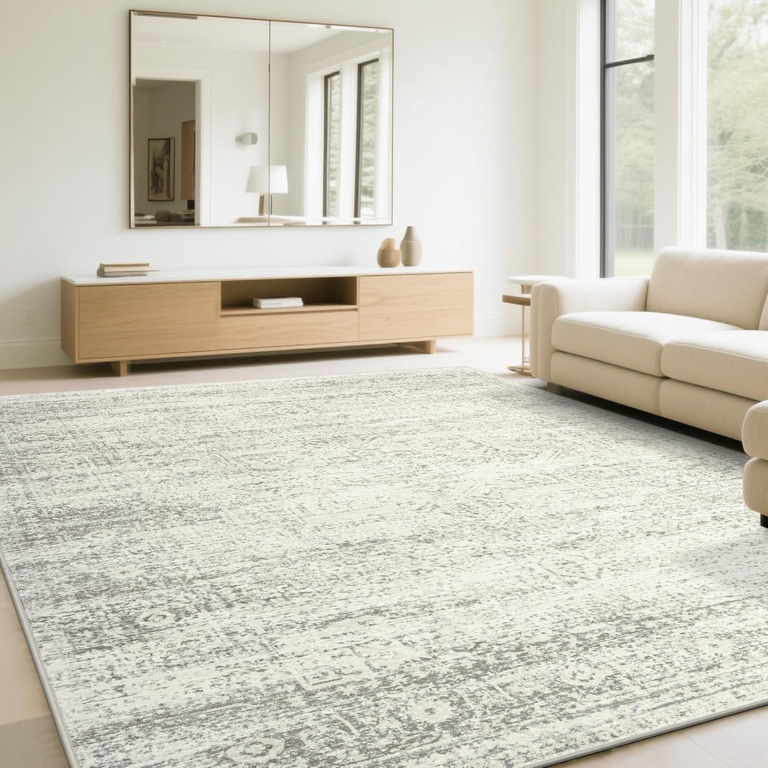 Srugn Washable Area Rug for Living, Bedroom & Dining Room, Ultra Soft Faux Wool Retro Large Carpet, Non-Slip/Shedding Low Pile Vintage Print for Home Office Decor, Beige Ivory Cream Brown Camel, 5x7