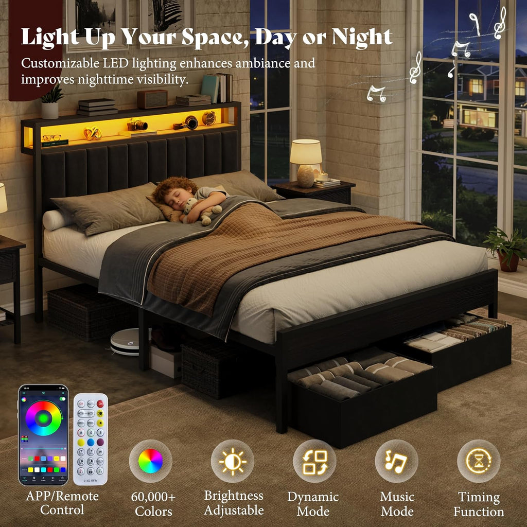 AMERLIFE Queen Bed Frame with LED Light and 2 Storage Drawers, Metal Platform Bed with Storage Headboard, Velvet Upholstered, Heavy-Duty Slats, No Box Spring Needed, Easy Assembly, Black
