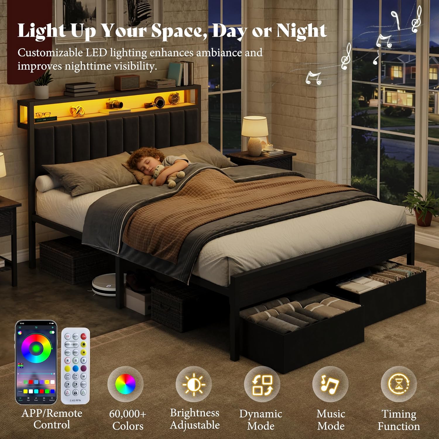 AMERLIFE Queen Bed Frame with LED Light and 2 Storage Drawers, Metal Platform Bed with Storage Headboard, Velvet Upholstered, Heavy-Duty Slats, No Box Spring Needed, Easy Assembly, Black
