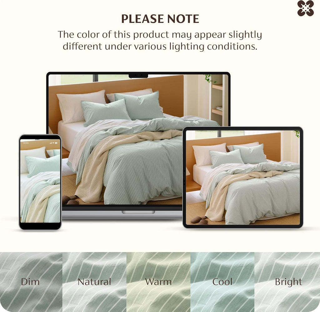 Bedsure Striped Duvet Cover Queen, 100% Washed Cotton Duvet Cover Linen‑Like, PureWoven with Reversible Yarn‑Dyed Design & Double‑Stitch Craft, 3-Piece with Zipper, Stripes Sage Green, 90"x90"