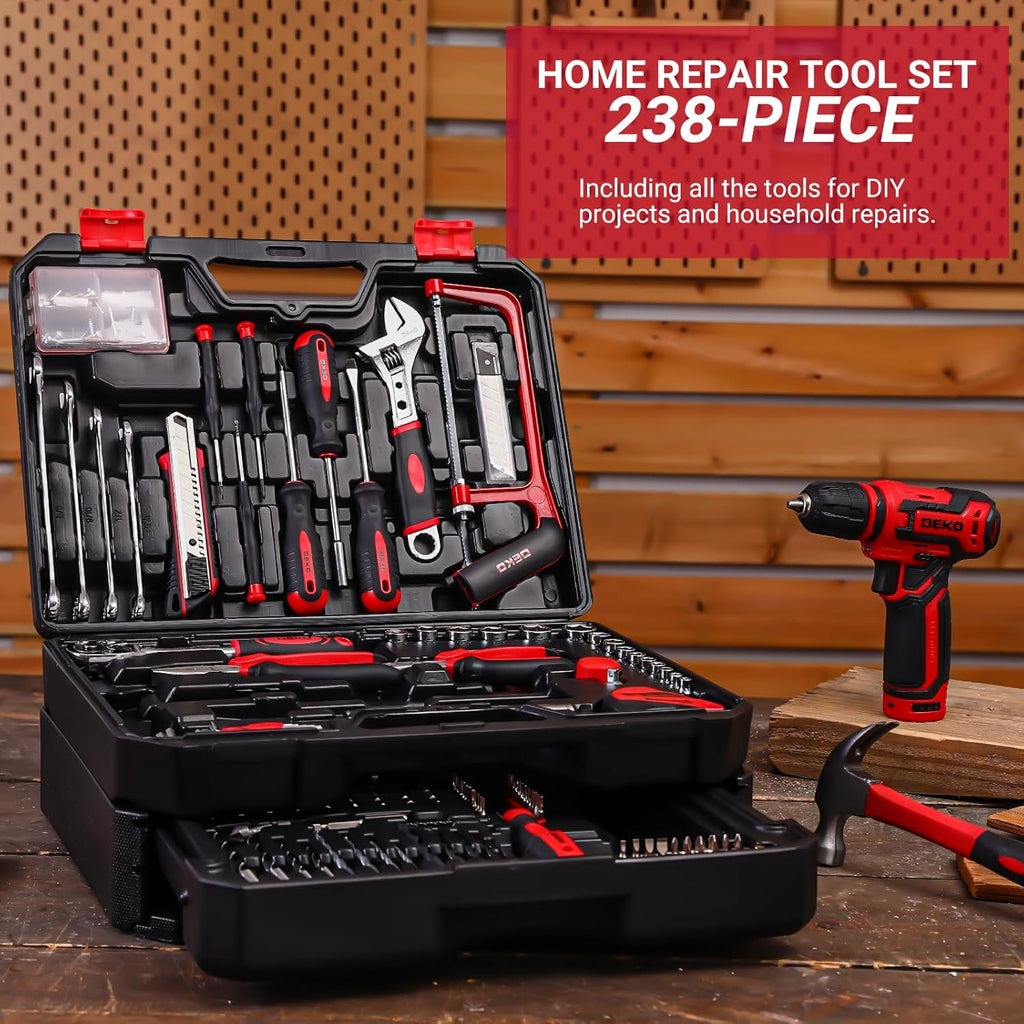 Drill Tool Set：Tool Kit with 12V Power Cordless Drill Hand Repair Tools Box with Drill, Home Tool Kits for Men & Women, Hand Drill Set Perfect for Homeowner, Diyer, Handyman - Red