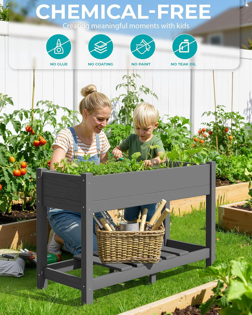 SERWALL Raised Garden Bed with Legs, 43"×17"×30" Large HDPE Elevated Planter Box for Vegetables Flower Herb Patio, All Weather Use- Gray