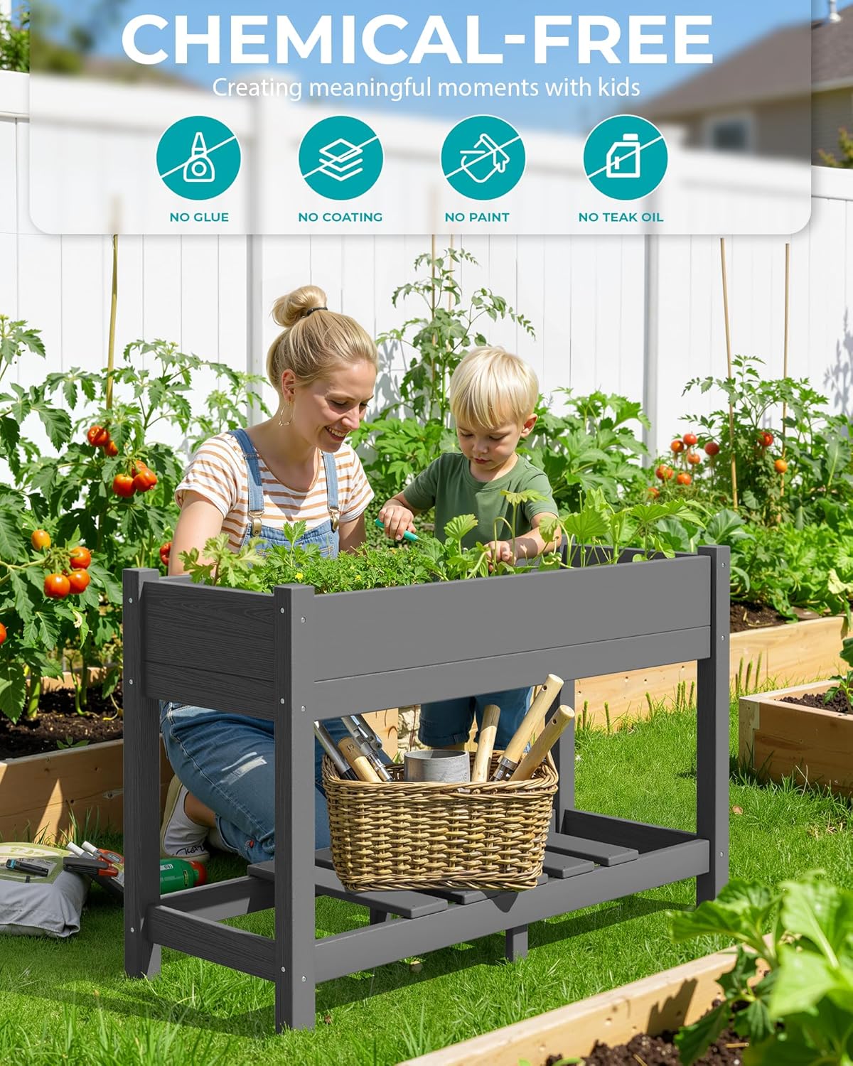 SERWALL Raised Garden Bed with Legs, 43"×17"×30" Large HDPE Elevated Planter Box for Vegetables Flower Herb Patio, All Weather Use- Gray