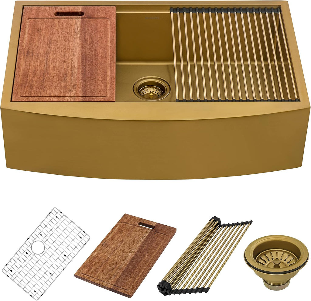 Ruvati 36-inch Matte Gold Workstation Apron-Front Brass Tone Stainless Steel Kitchen Sink - RVH9308GG