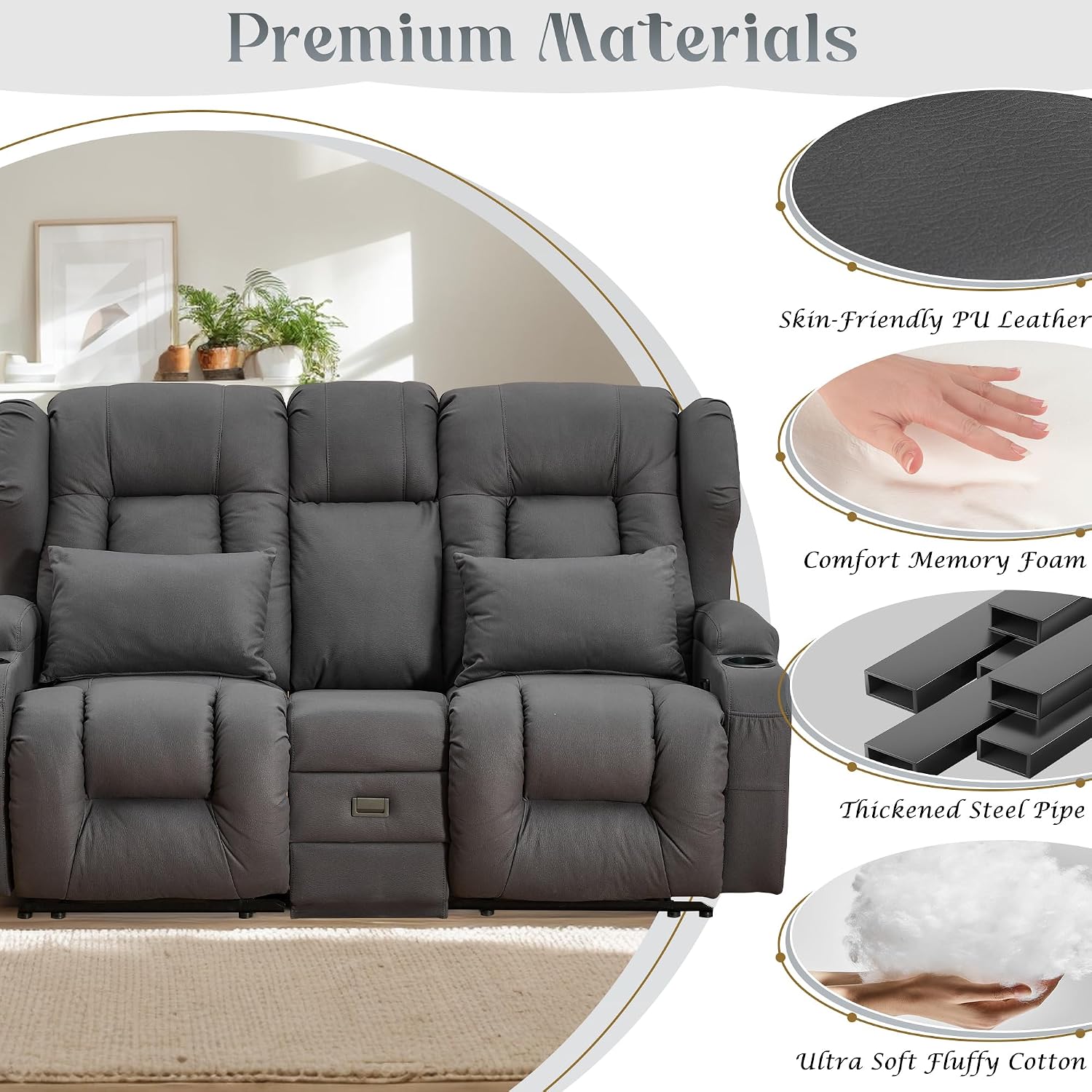URRED Loveseat Recliner Sofa, Manual Reclining Loveseat Sofa with Flip-Down Console, Home Theater RV Recliner Couch with Cup Holders and Storage for Living Room (Grey)