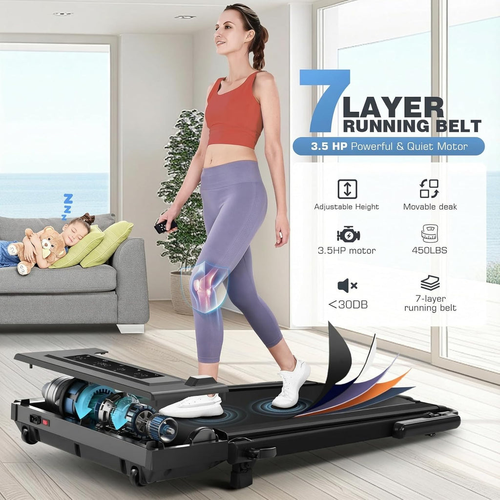 Treadmill with Desk Workstation & Adjustable Height, 450 lbs Weight Capacity, Folding Incline Treadmill with Handle Bar, Portable Ultra-Quiet 3.5HP Walking Pad Treadmill with Desktop for Home Office