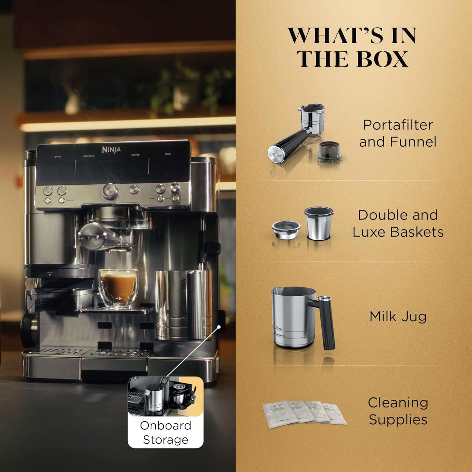 Ninja Luxe Café Premier 3-in-1 Espresso Machine, Drip Coffee, & Rapid Cold Brew | Built-in Coffee Grinder, Hands-Free Milk Frother, Assisted Tamper for Cappuccinos & Lattes | Stainless Steel | ES601