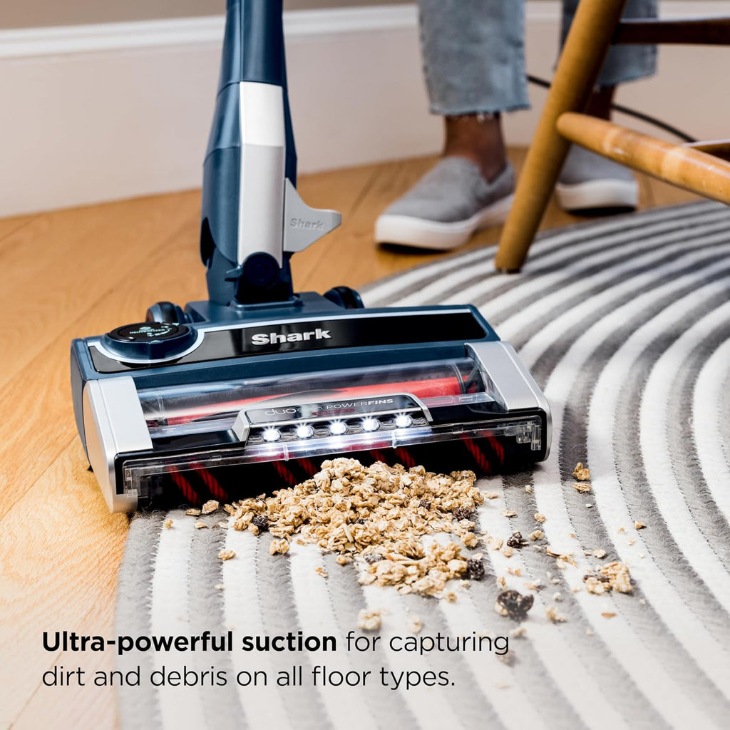 Shark Stratos | Corded Stick Vacuum Cleaner for Carpet & Hard Floors | Lightweight Hand Vacuum for Pet Hair with DuoClean PowerFins HairPro | Self-Cleaning Brushroll | 4 Accessories | Navy | HZ3002