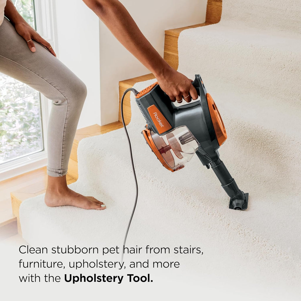 Shark Rocket Ultra-Light | Corded Stick Vacuum Cleaner for Carpet, Rugs & Hard Floors | Lightweight Hand Vacuum for Pet Hair & Upholstery | Swivel Steering | 2 Attachments | Gray/Orange | HV301