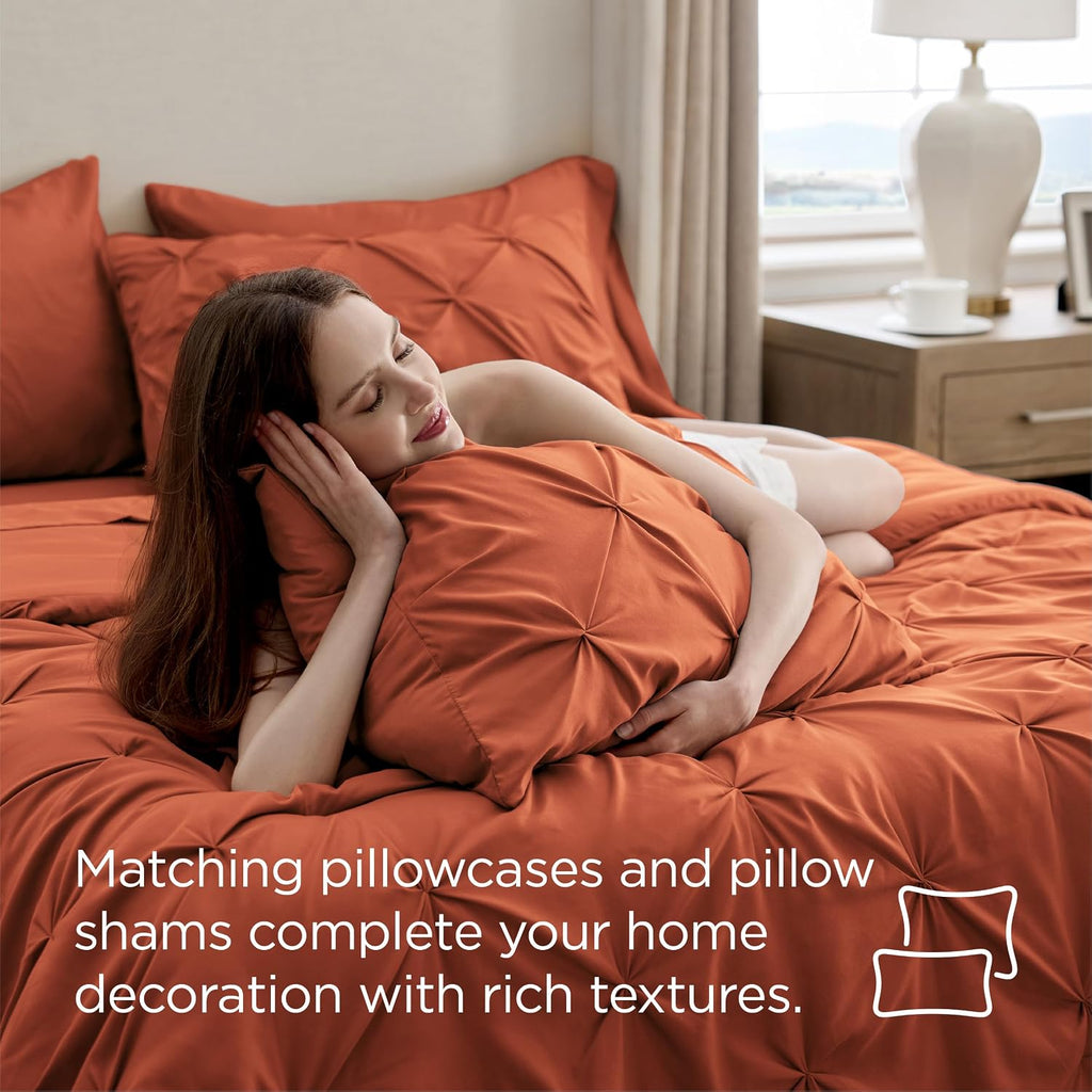 Bedsure King Size Comforter Set Burnt Orange - Bed in a Bag Bedding Set 7 Pieces, GentleSoft™ Pintuck Bed Set Gift for Family, All Season Down Alternative Comforter with Sheets, Pillowcases & Shams