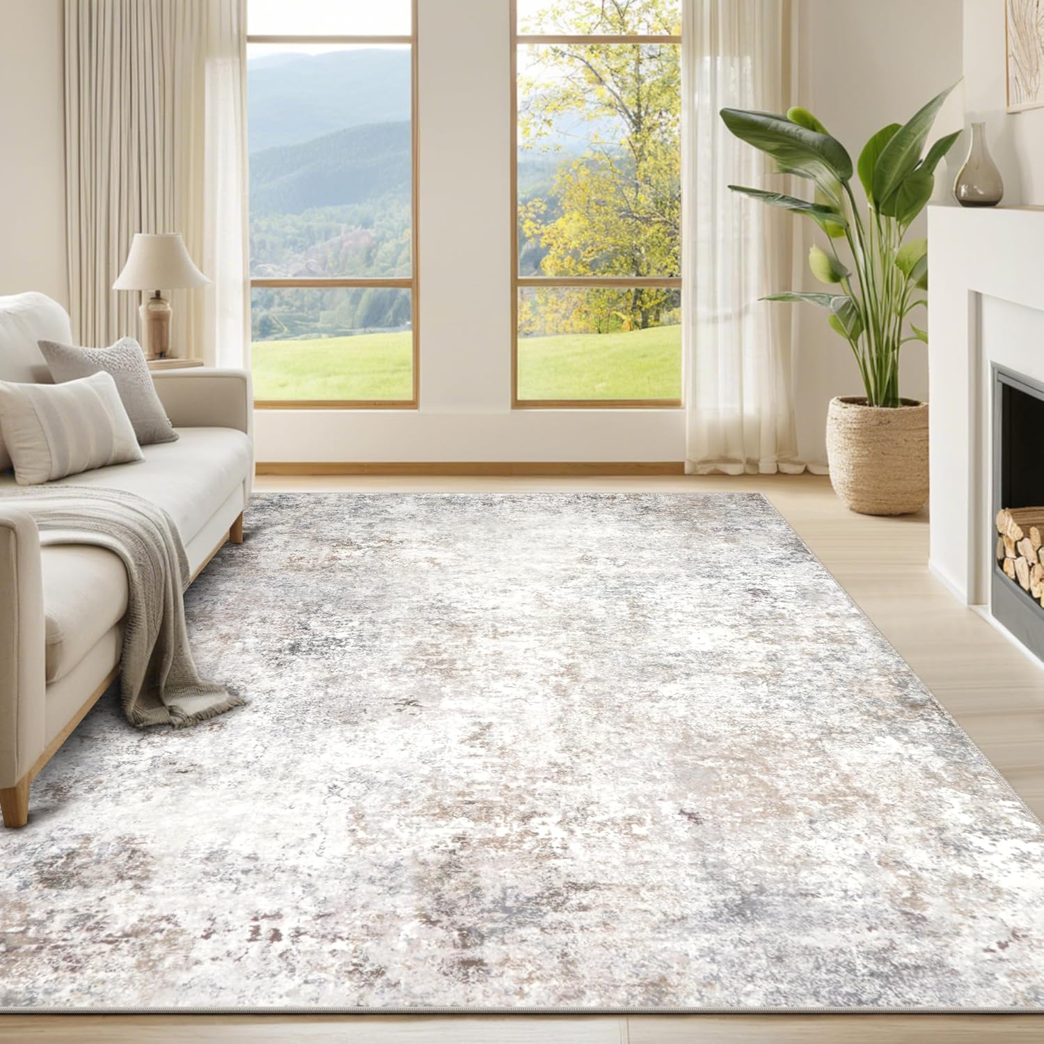 Srugn Washable Area Rug for Living, Bedroom & Dining Room, Ultra Soft Faux Wool Retro Large Carpet, Non-Slip/Shedding Low Pile Vintage Print for Home Office Decor, Beige Ivory Cream Brown Camel, 5x7