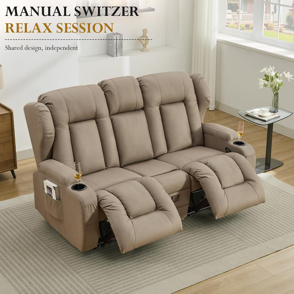 URRED Loveseat Recliner Sofa, Manual Reclining Loveseat Sofa with Flip-Down Console, Home Theater RV Recliner Couch with Cup Holders and Storage for Living Room (Khaki)