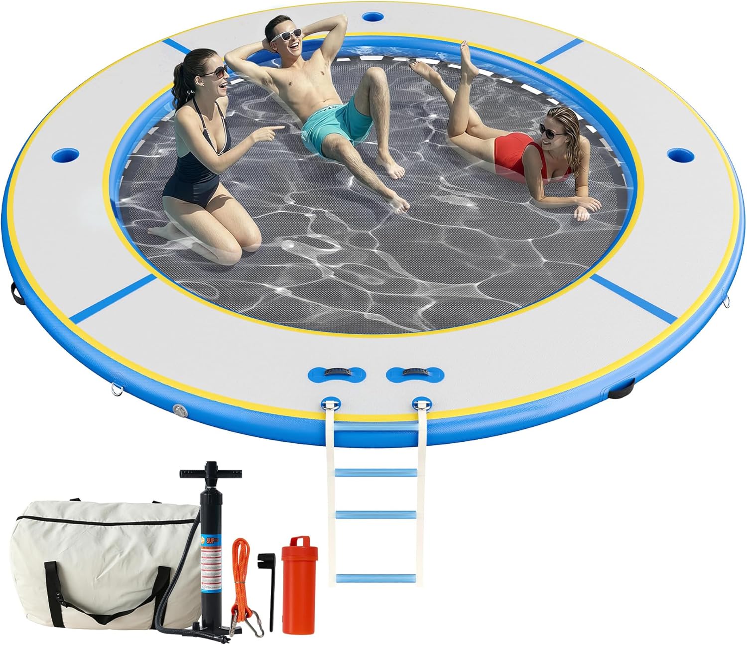 SPECRAFT 12FT Inflatable Water Hammock for Adults Round Floating Dock Platform with Mesh Heavy Duty Inflatable Raft with Soft Ladder and Cup Holder for Lake Beach Party