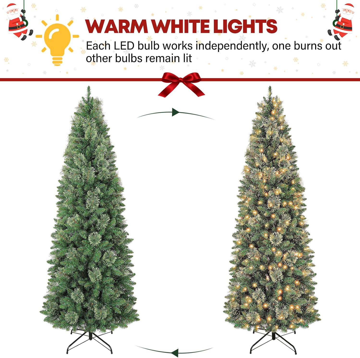 6 ft Lighted Pencil Slim Christmas Tree, Artificial Christmas Tree with 200 Warm White LED Lights, 544 PVC Tips, Foldable Metal Stand and Hinged Branches for Decor, Party