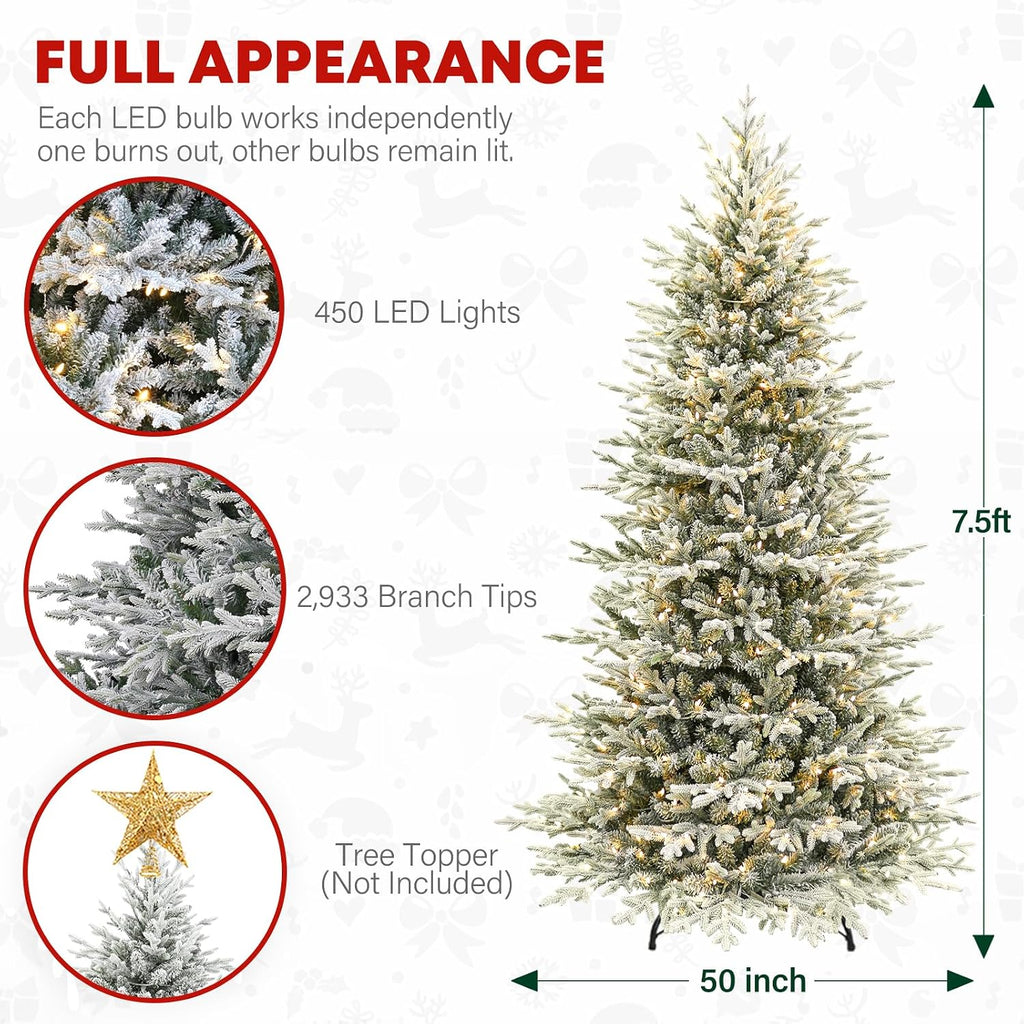 7.5 ft Lighted Artificial Flocked Christmas Tree, 450 Warm White LED Lights, 2933 PE&PVC Realistic Frosted Tips, Metal Stand and Hinged Branches Included