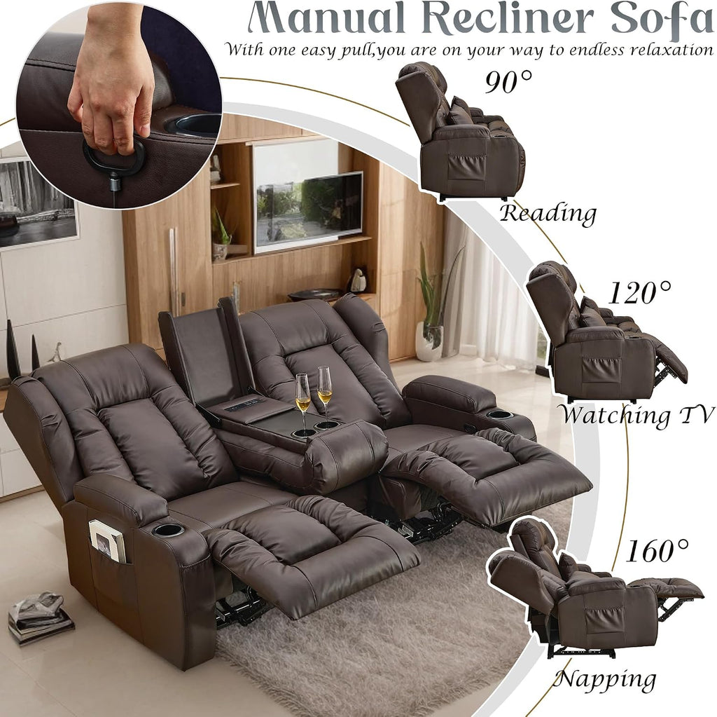 URRED Loveseat Recliner Sofa, Manual Reclining Loveseat Sofa with Flip-Down Console, Home Theater RV Recliner Couch with Cup Holders and Storage for Living Room (Brown)