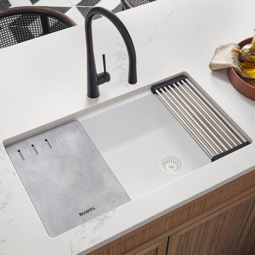 Ruvati 33-inch Granite Composite Quartz Workstation Undermount Kitchen Sink Single Bowl White - RVG2302WH