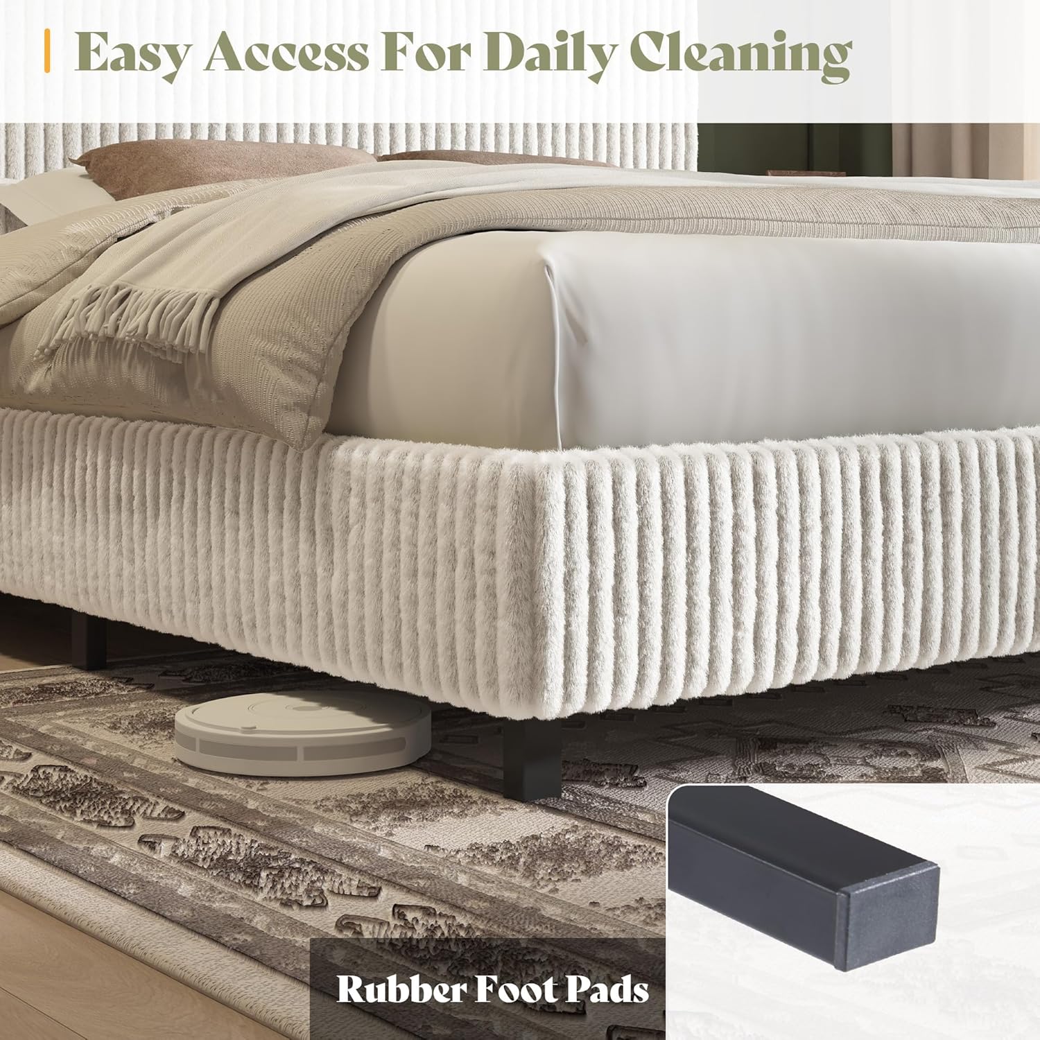 AMERLIFE Full Bed Frame, Upholstered Metal Platform Bed with Vertical Channel Tufted Headboard, Soft Fabric & Strong Metal Slats, Noise-Free/Easy Assembly, White Full Upholstered Bed and Headboard