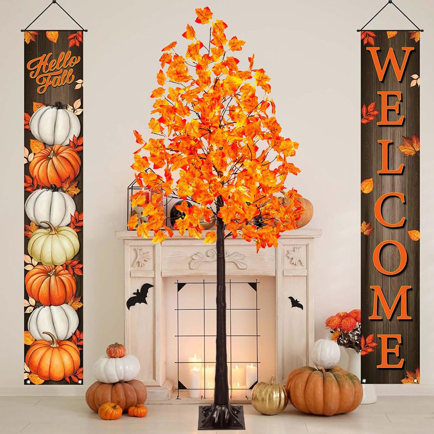 VIVATREES 6FT Artificial Lighted Maple Tree with 120 LEDs, Fall Tree with Warm White Lights for Indoor Outdoor Autumn Halloween Thanksgiving Decor