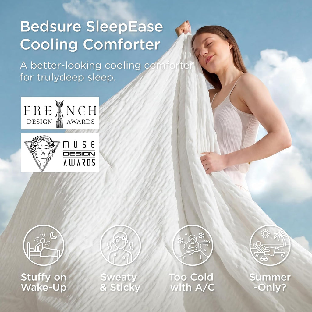 Bedsure SleepEase Cooling Comforter King Size for Summer, 3 Pieces White Seersucker Cooling Comforters for Hot Sleepers, Double-Sided Cool Tech Bedding Set with 1 Breathable Comforter, 2 Pillowcases