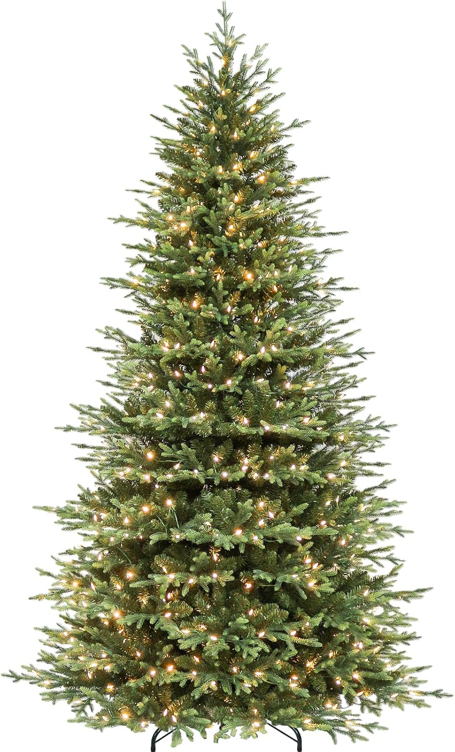 9 ft Lighted Artificial Christmas Tree, 600 Warm White LED Lights, 5149 PE&PVC Mixed Realistic Branch Tips, Metal Base and Hinged Branches Included