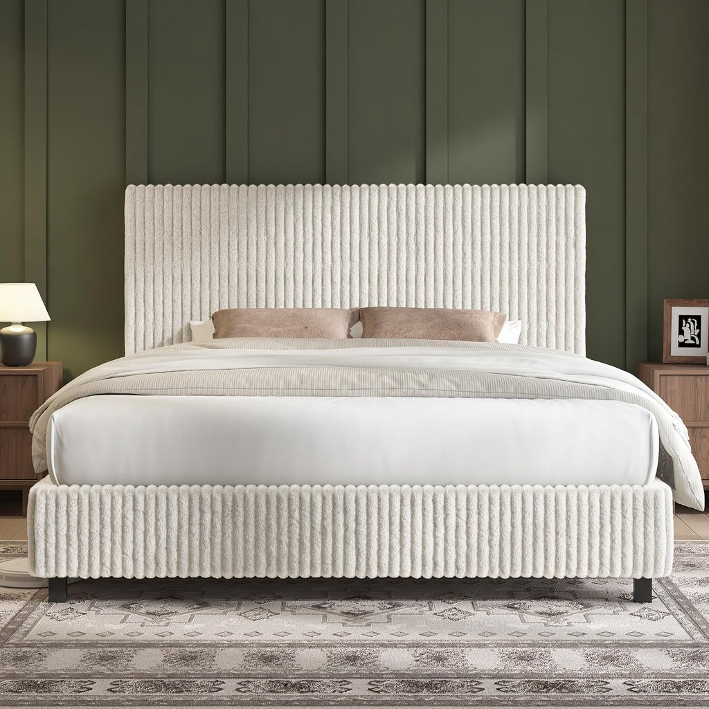 AMERLIFE Full Bed Frame, Upholstered Metal Platform Bed with Vertical Channel Tufted Headboard, Soft Fabric & Strong Metal Slats, Noise-Free/Easy Assembly, White Full Upholstered Bed and Headboard