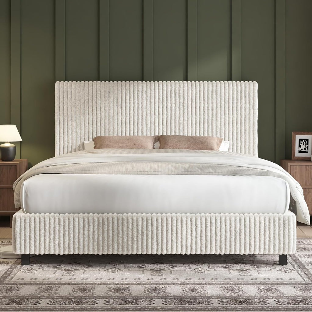 AMERLIFE Full Bed Frame, Upholstered Metal Platform Bed with Vertical Channel Tufted Headboard, Soft Fabric & Strong Metal Slats, Noise-Free/Easy Assembly, White Full Upholstered Bed and Headboard