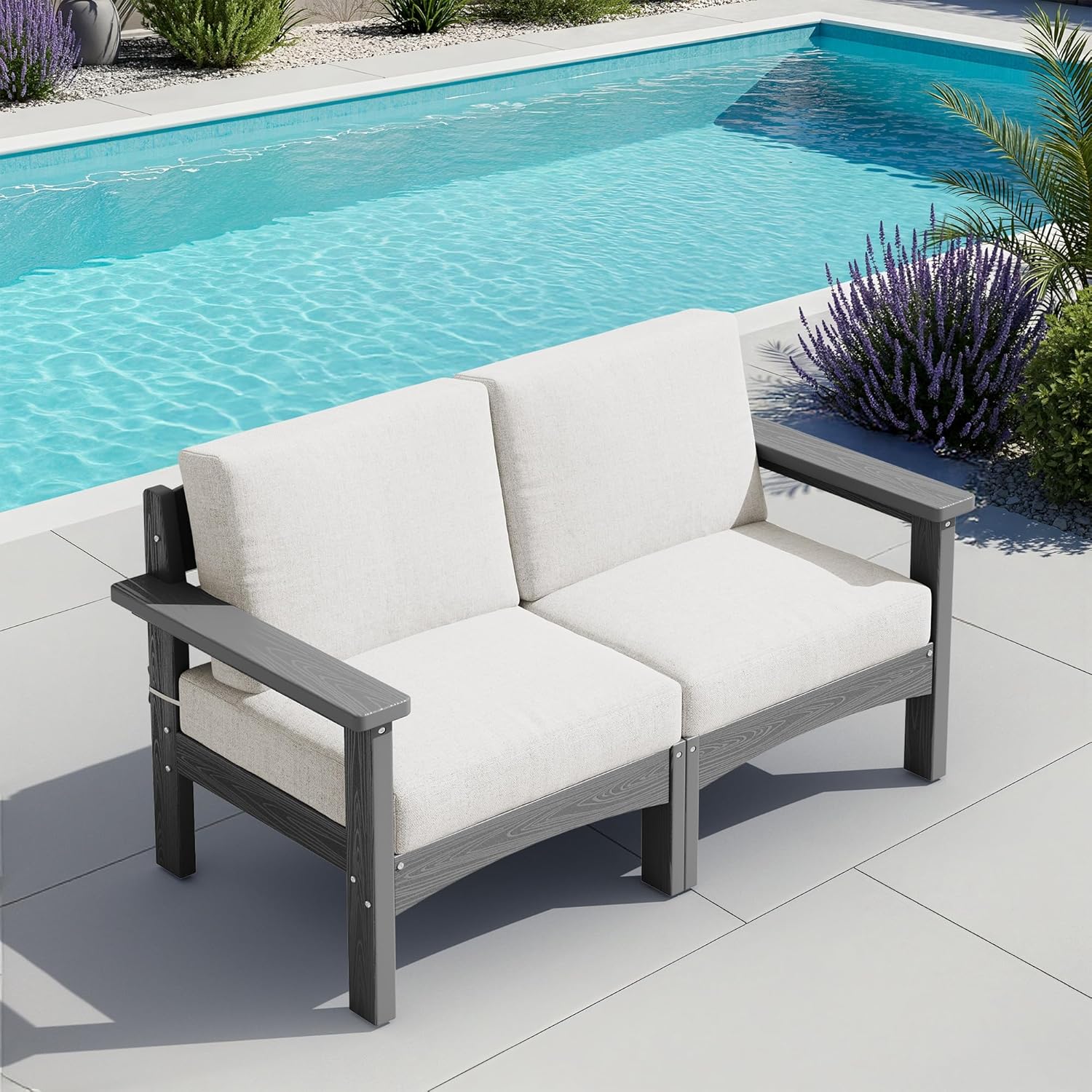 SERWALL HDPE Patio Loveseat Sofa, 2 Pieces Single Sofa, Weather-Resistant Outdoor Furniture Chair with Thick Removable Cushion, Balcony, Garden, Backyard, Poolside, Grey Frame with Khaki Cushion