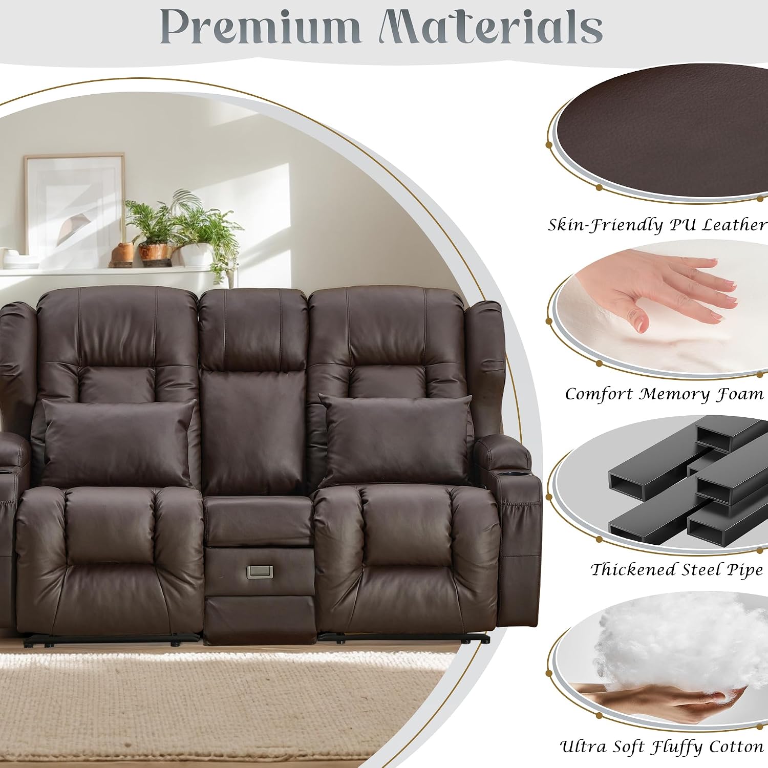 URRED Loveseat Recliner Sofa, Manual Reclining Loveseat Sofa with Flip-Down Console, Home Theater RV Recliner Couch with Cup Holders and Storage for Living Room (Brown)