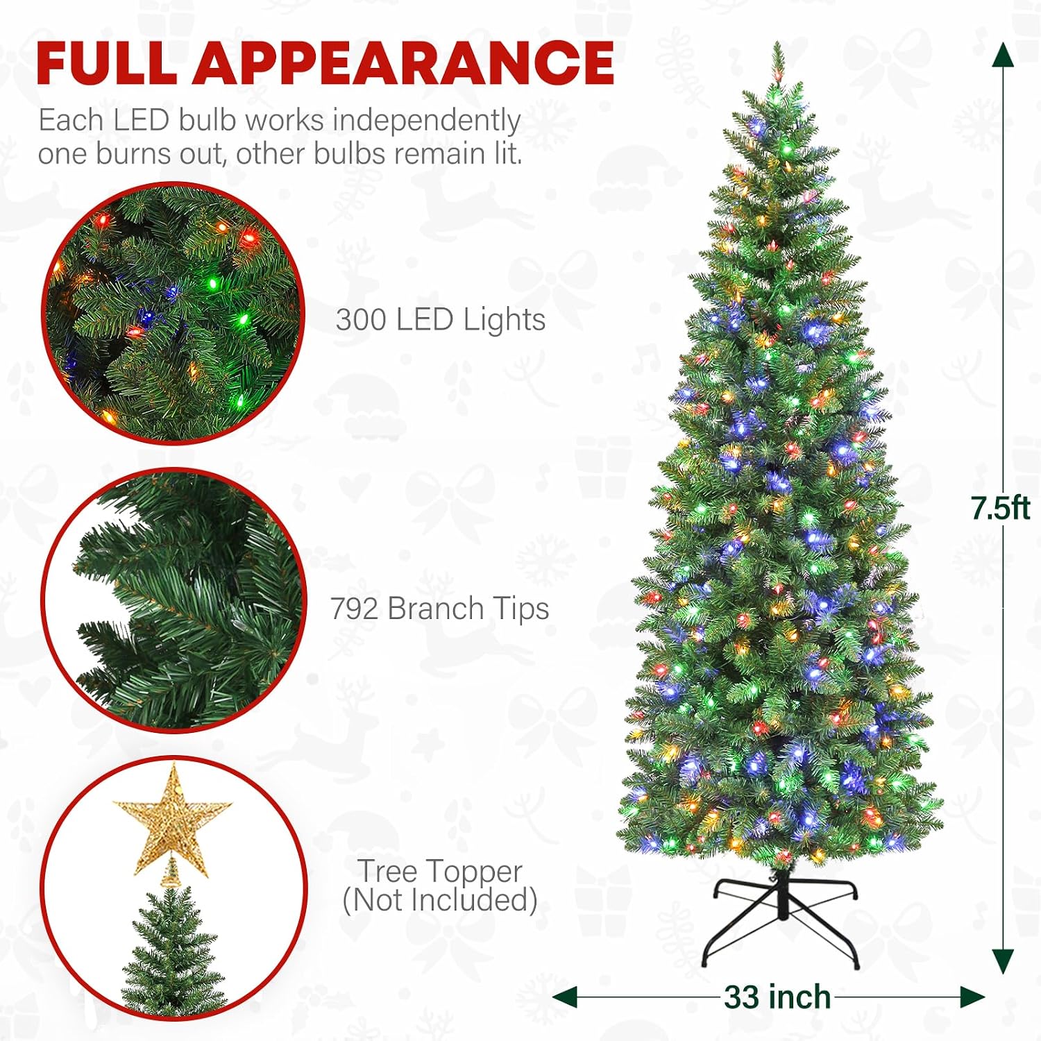 7.5 ft Prelit Pencil Slim Christmas Tree, Artificial Hinged Flocked Christmas Tree with 300 Multicolor LED Lights, Metal Base Included, 792 PVC Branch Tips, 10 Colors