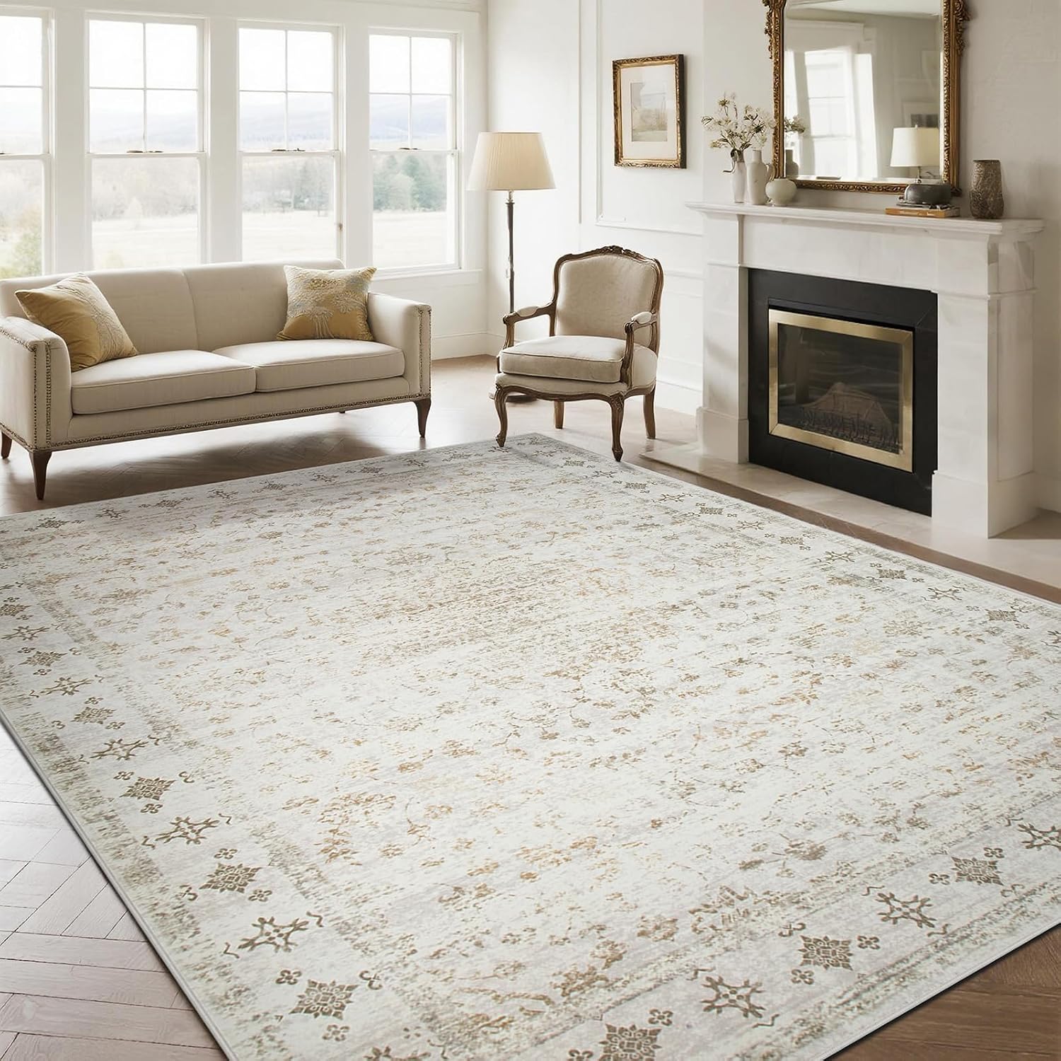 Srugn Washable Area Rug for Living, Bedroom & Dining Room, Ultra Soft Faux Wool Retro Large Carpet, Non-Slip/Shedding Low Pile Vintage Print for Home Office Decor, Beige Ivory Cream Brown Camel, 5x7
