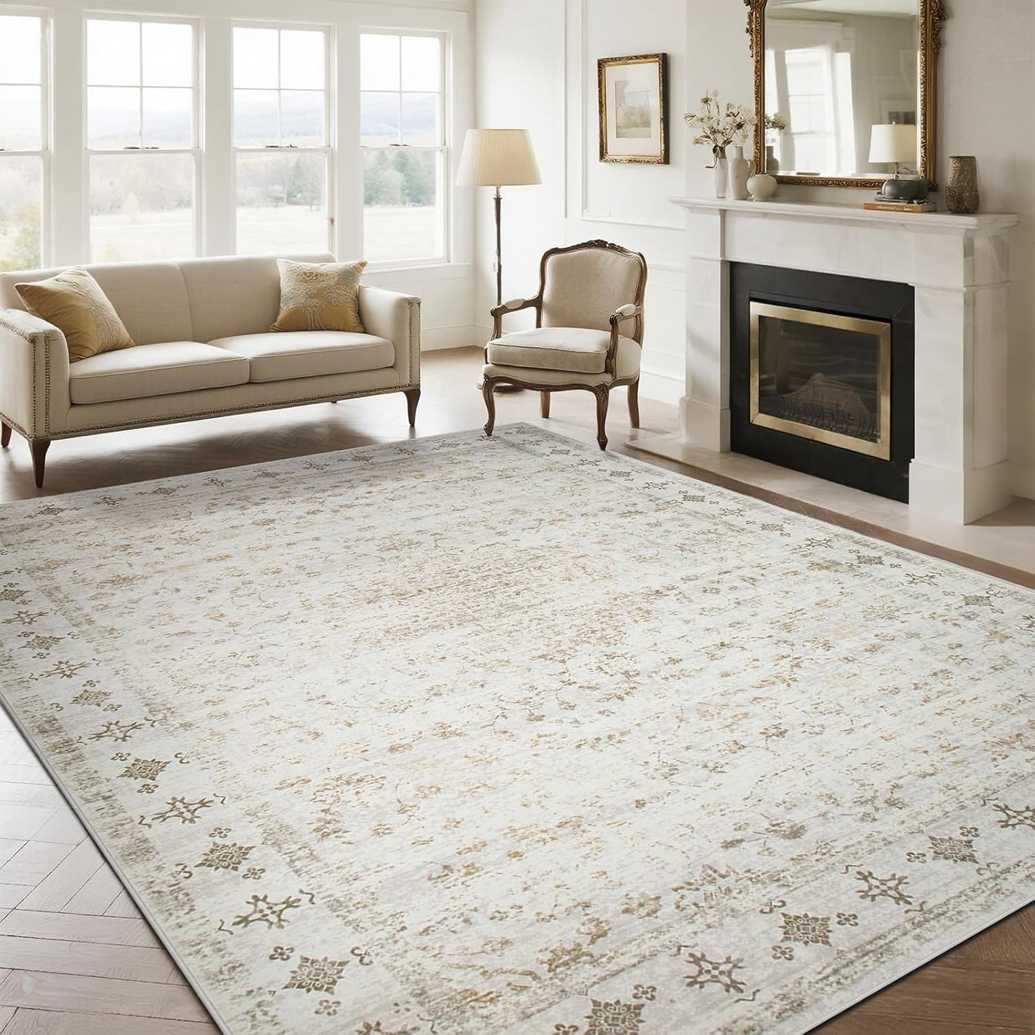 Srugn Washable Rugs 5x7 Area Rugs for Living Room,Bedroom,Dining Room- Ultra Soft Faux Wool Nursery Rug for Baby Girl,Neutral Light Pink Low Pile Vintage Carpets for Dorm Kids Playroom,Non Slip