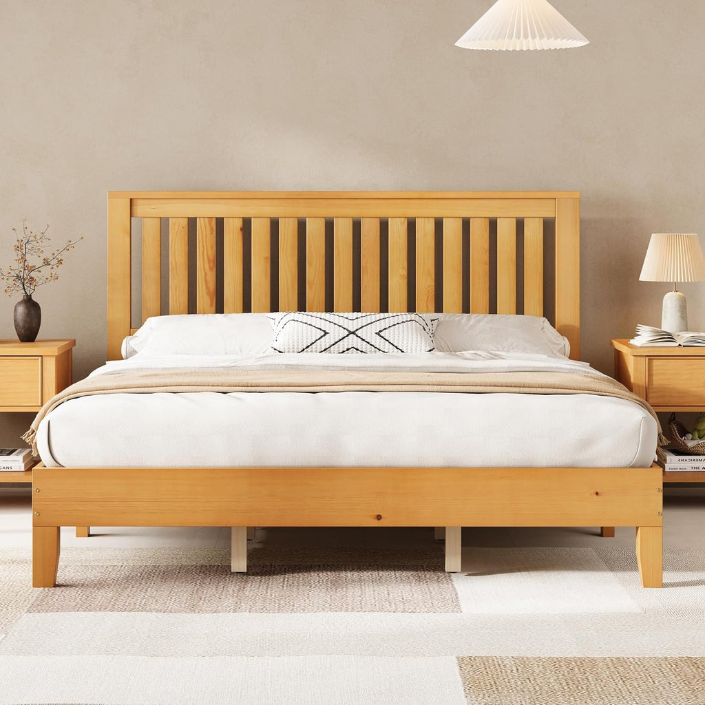 AMERLIFE King Bed Frame, Solid Wood Platform Bed with Vertical Slats Headboard, Wooden Bedframe King-Size, Sturdy Wooden Slats Support, No Box Spring Needed, Noise Free, Light Wood