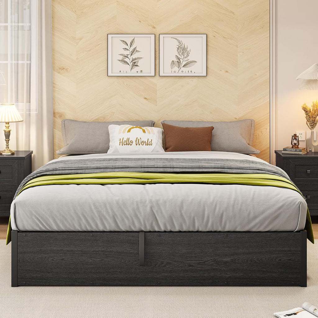 AMERLIFE Lift Up Storage Bed, Queen Bed Frame with Storage Underneath, Wooden Platform Bed Frame, Solid Wood Slats Support, No Fixed Headboard, No Box Spring Needed, Dark Oak