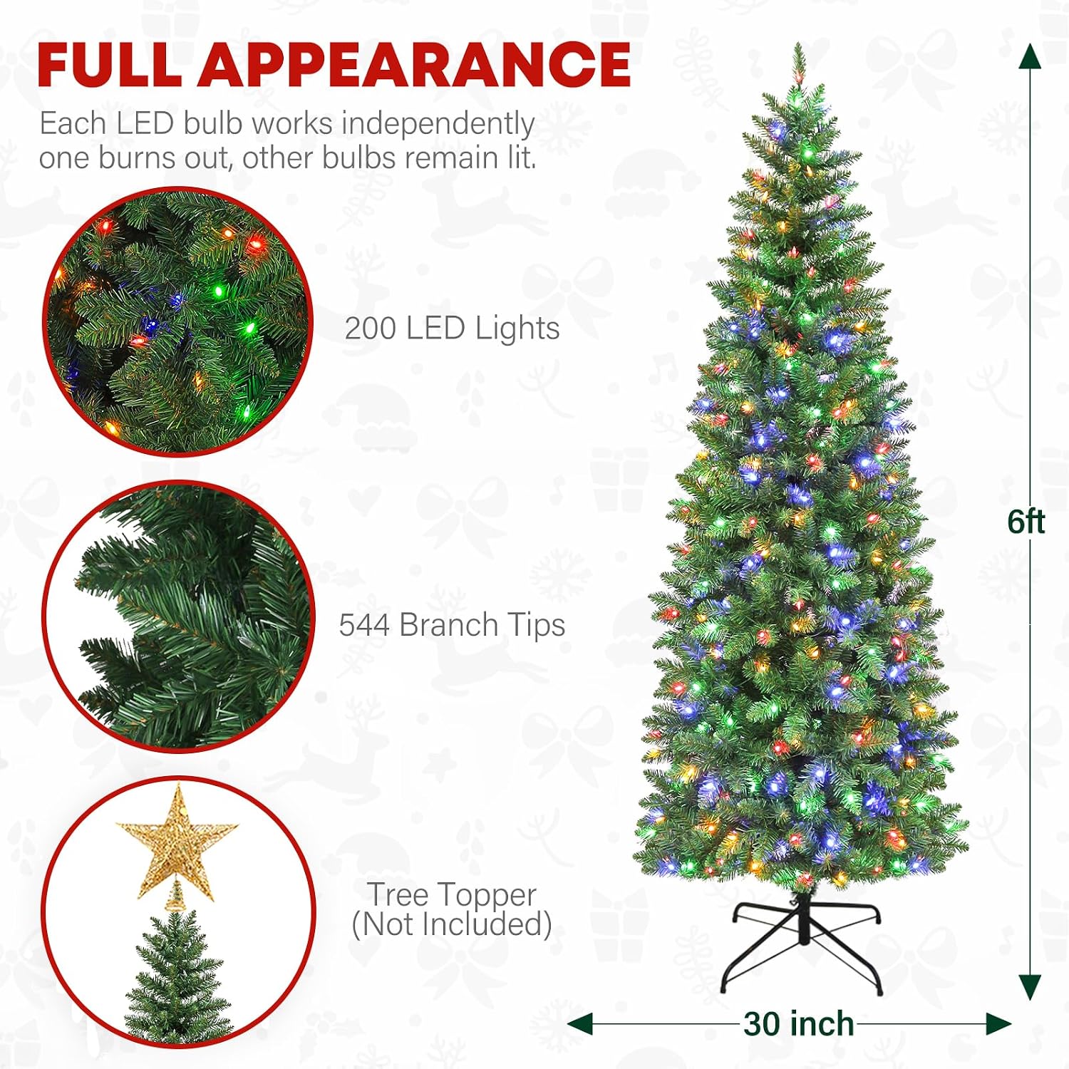 6 ft Prelit Pencil Slim Christmas Tree, 200 Color Changing LED Lights, 544 Branch Tips, Metal Stand and Hinged Branches, Easy Assembly for Indoor Holiday Decorating, 10 Modes