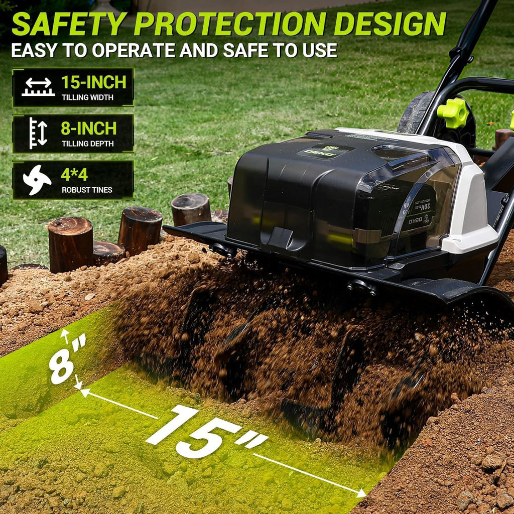 40V Cordless Cultivator Tiller for Gardening： Garden Tiller with 2 x 4.0Ah Batteries & Charger, Electric Tiller with 15 inch Tilling Width and 8 inch Depth for Raised Beds and Flower Gardens DEKOPRO