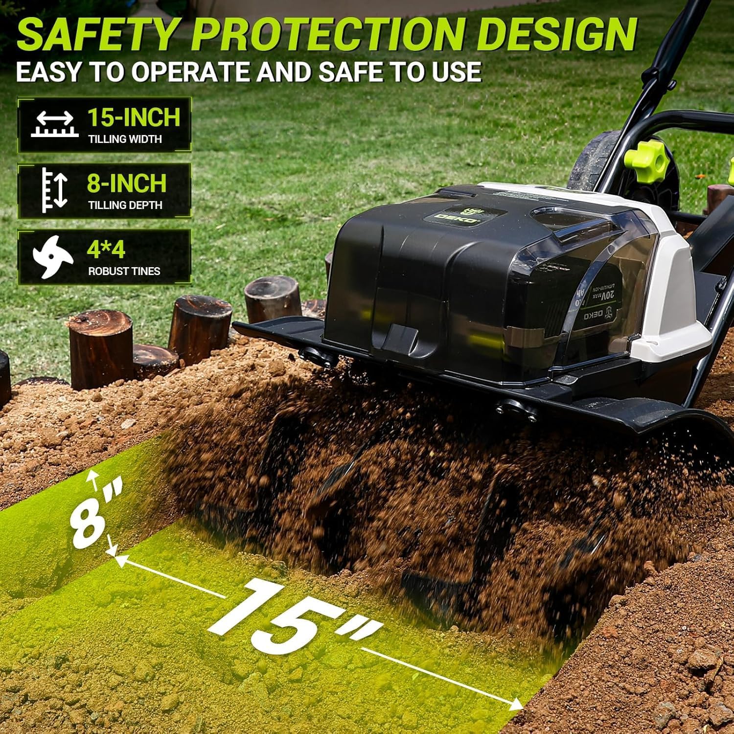 40V Cordless Cultivator Tiller for Gardening： Garden Tiller with 2 x 4.0Ah Batteries & Charger, Electric Tiller with 15 inch Tilling Width and 8 inch Depth for Raised Beds and Flower Gardens DEKOPRO