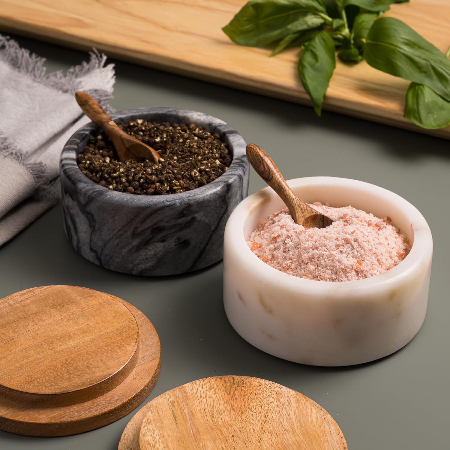 Cork & Mill Marble Salt and Pepper Bowls - Set of 2 Handcrafted White/Grey Solid Marble Salt and Pepper Cellars with Lids and Spoons - Elegant Containers for Countertop or Table