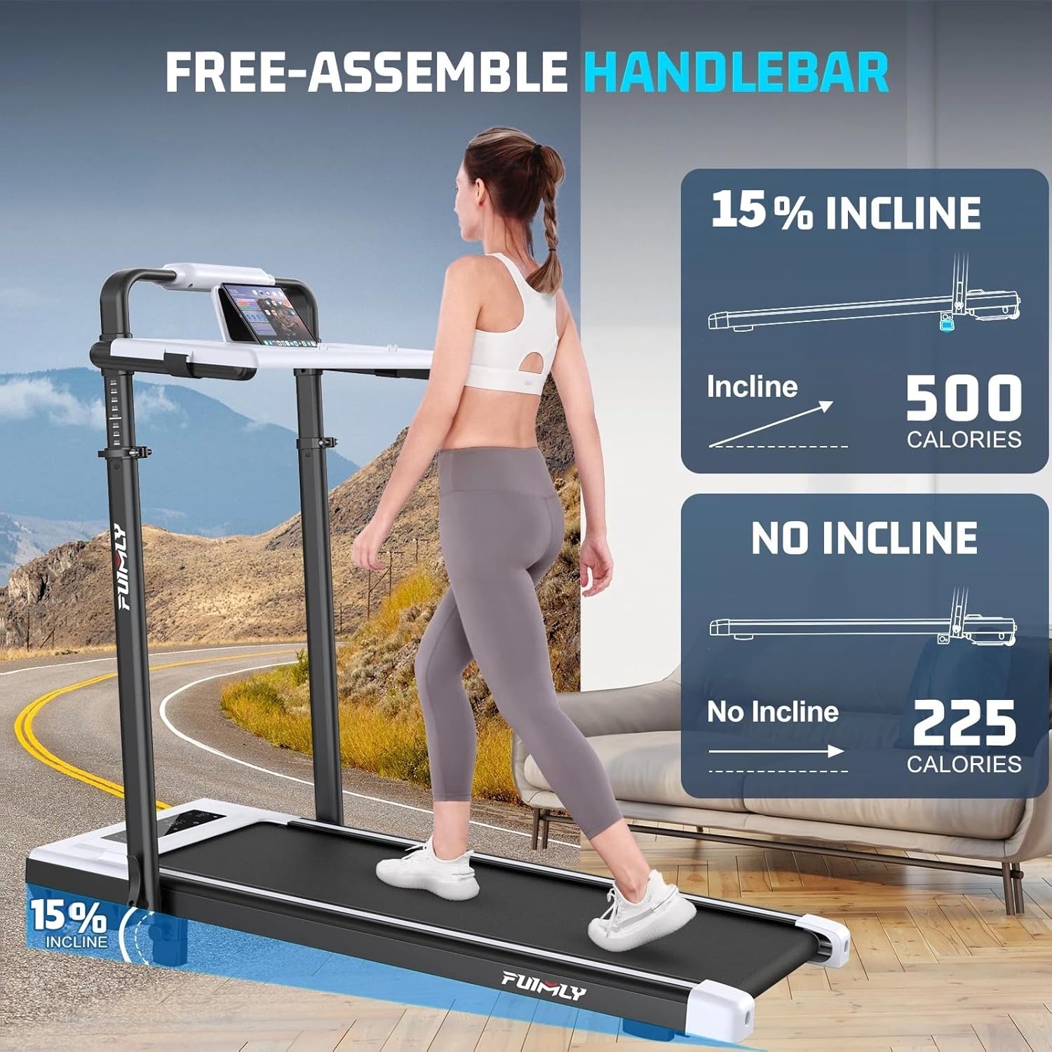 FUNMILY Walking Pad Treadmill with Incline, Foldable Treadmills for Home Office, Portable Walking Pad 300lbs Capacity, Remote Control, Led Touch Screen, 2s Folding Treadmill