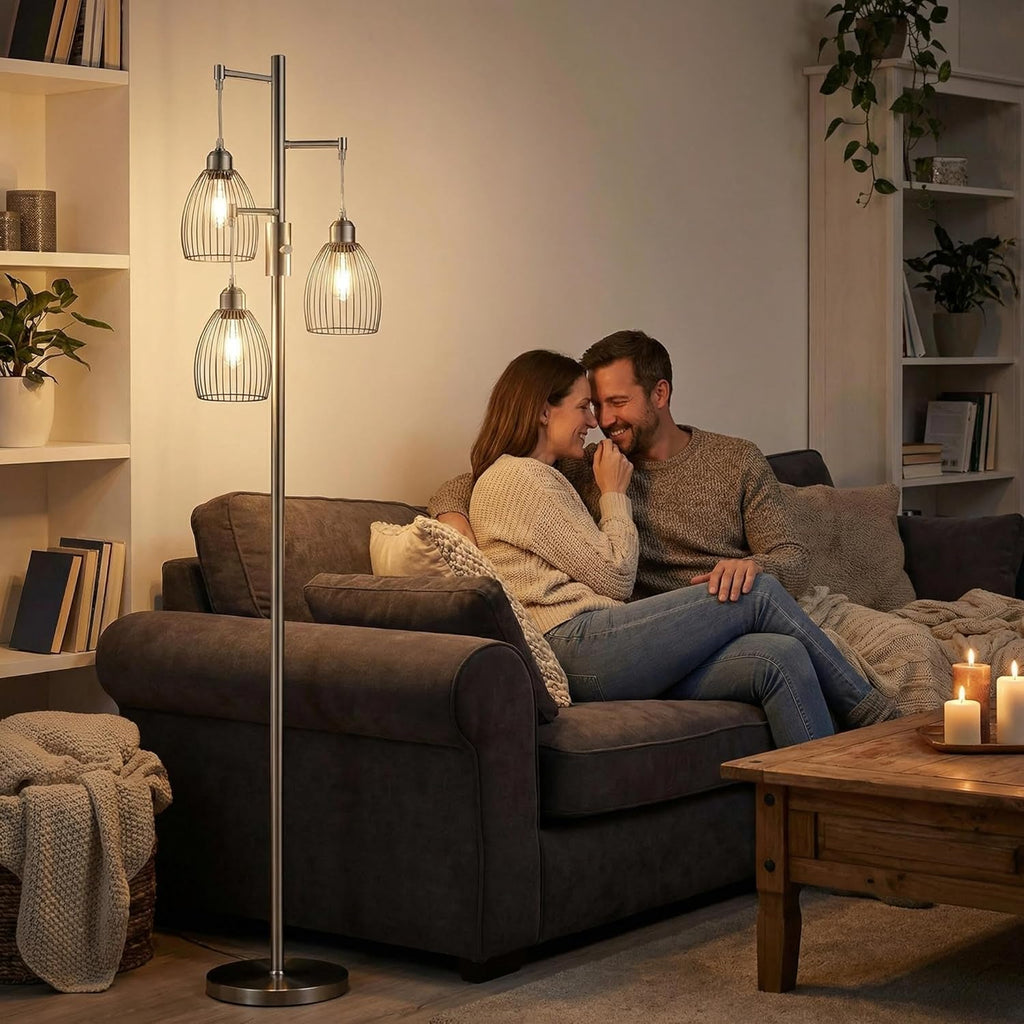 Dimmable Floor Lamp, Industrial Floor Lamps for Living Room, Brushed Nickel Tree Lamp Standing Lamp Tall Lamps with 3 Elegant Teardrop Cage Head & 800 Lumens LED Bulbs for Living Room Bedroom Office