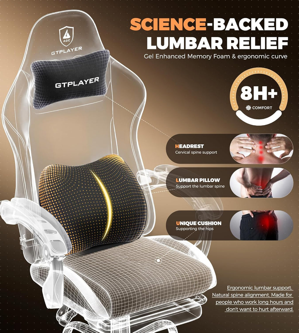 GTPLAYER Gaming Chair with Foot Rest & Pocket Spring Cushion, Ergonomic High Back Computer Desk Chair with Headrest & Lumbar Support for Back Pain Relief, Breathable Fabric, Black