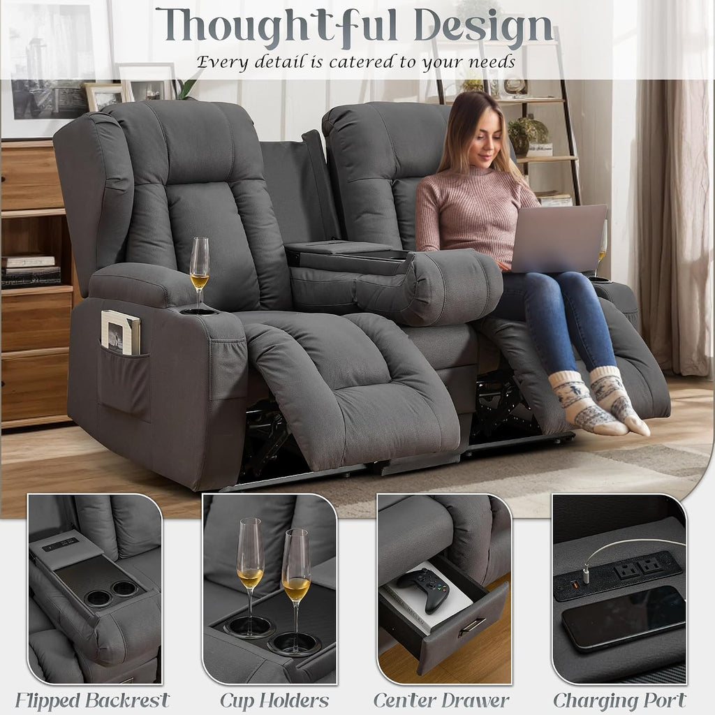 URRED Loveseat Recliner Sofa, Manual Reclining Loveseat Sofa with Flip-Down Console, Home Theater RV Recliner Couch with Cup Holders and Storage for Living Room (Grey)