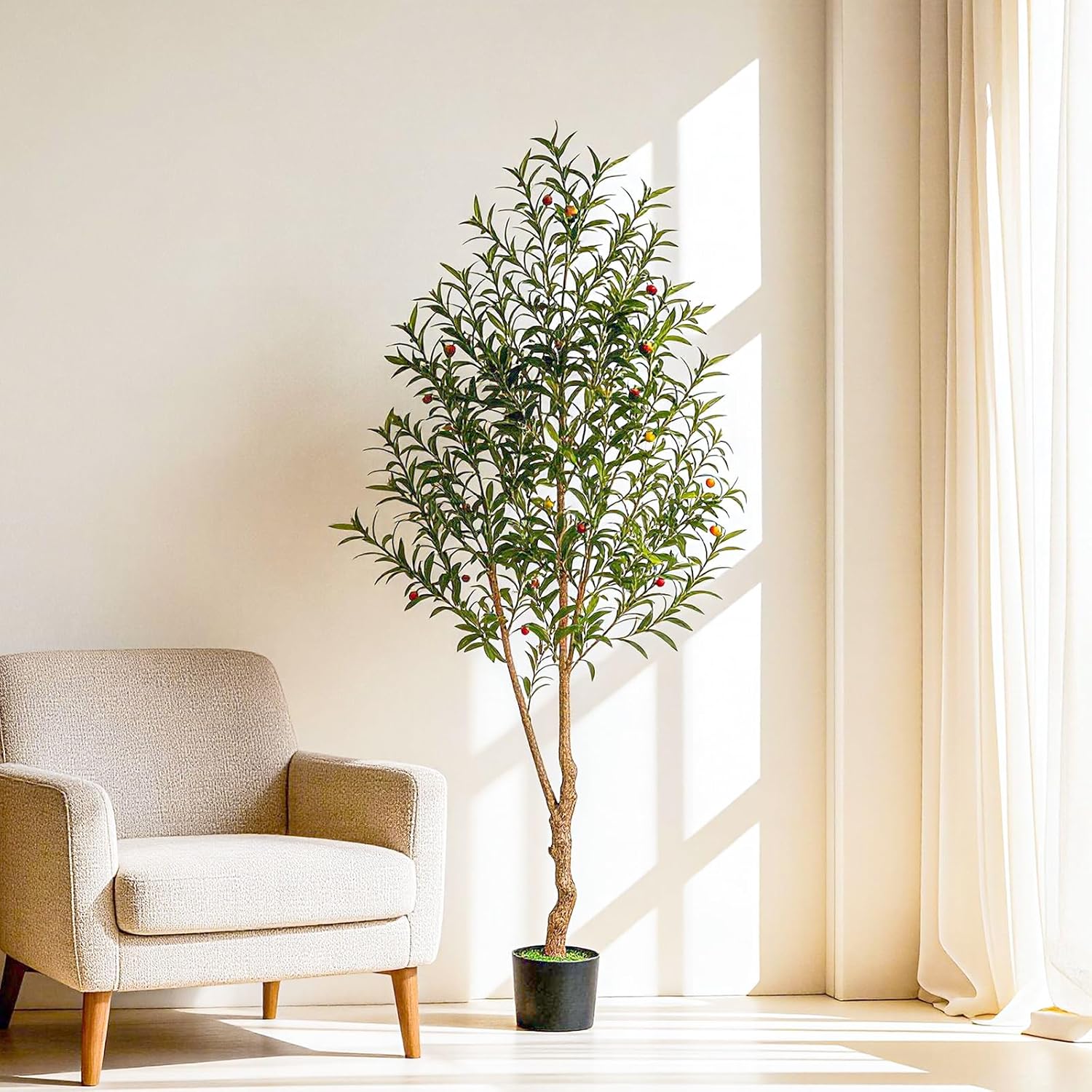 VIVATREES 7FT Olive Tree Artificial Indoor, 84in Tall Faux Olive Tree with Pot, Fake Potted Tree with Fruits for Home Office Decor