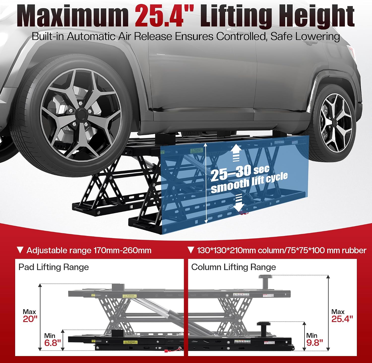 SPECRAFT 7000 LBS Portable Car Lift, Heavy-Duty Hydraulic Quick Jack with 25.4" Max Height, Multi-Safety Lock Bars & Wheels, Adjustable Scissor Lift for Cars, SUVs, Light Trucks, Garage Use, Black