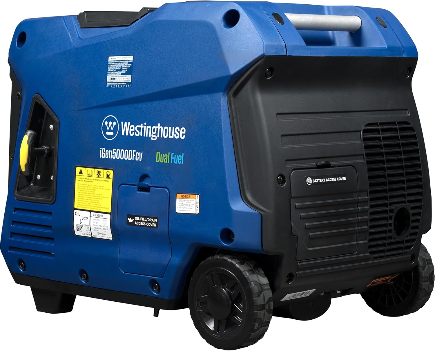 Westinghouse 5000 Peak Watt Super Quiet Dual Fuel Portable Inverter Generator, Wheel & Handle Kit, Gas & Propane Powered, RV Ready, CO Sensor, Parallel Capable