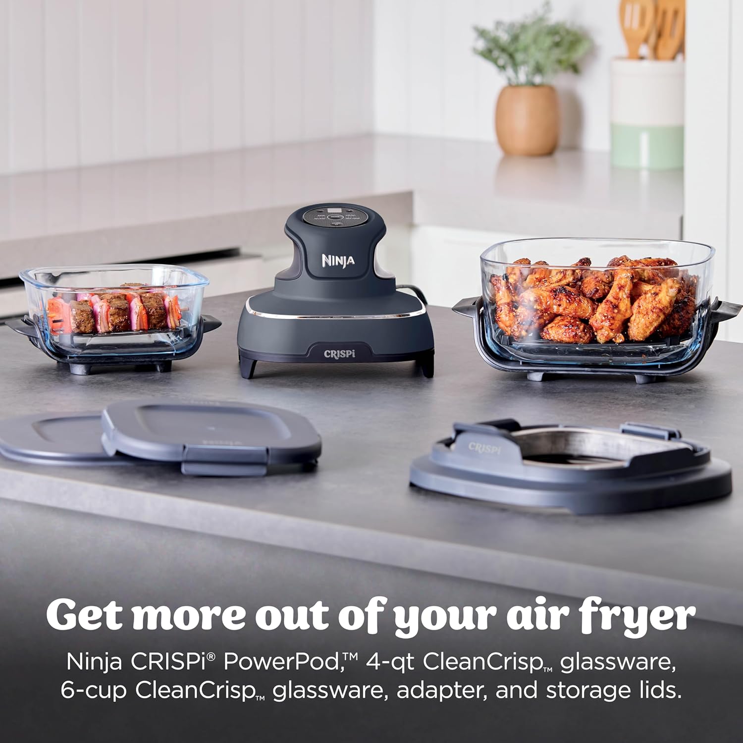 Ninja Crispi 4 in 1 Glass Air Fryer, 450°F, Non Toxic, 4QT and 6 Cup Containers with Lids, Dishwasher Safe, Cyberspace Gray, 1 Count, FN101GY