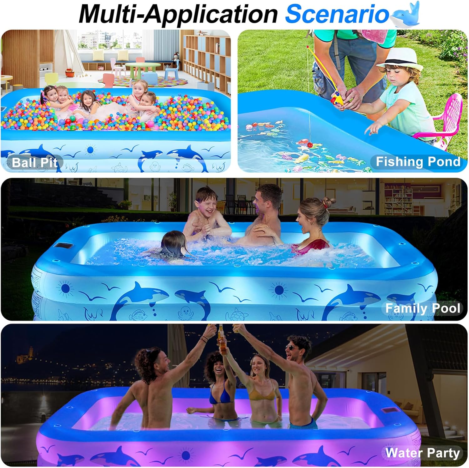 StarOcean 2026 Upgrade Inflatable Pool with Lights, Family Inflatable Swimming Pool for Kids,Adults,Blow Up Pool Solar Powered,Large Kiddie Pool,100"x63"x20"Oversized Thickened Pool for Backyard-Blue